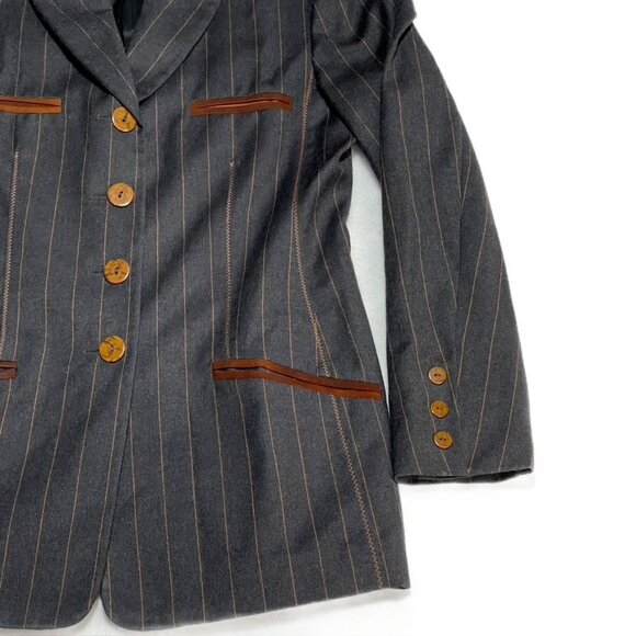 Vtg Time Collection Pinstripe Wool Blend Blazer W/ Leather Trim Pockets - Picture 9 of 11